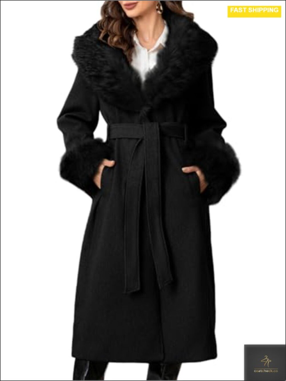 Women's Faux Fur Collar Trench Coat, Water Repellent Belted Wool Fleece